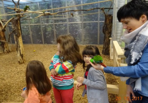 Troje dzieci i nauczycielka z papugą na ręku.